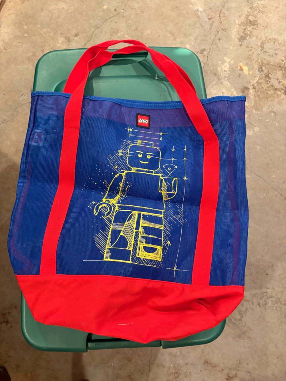 Lego Blue Mesh Tote with Red Straps and Yellow Minifigure Graphic